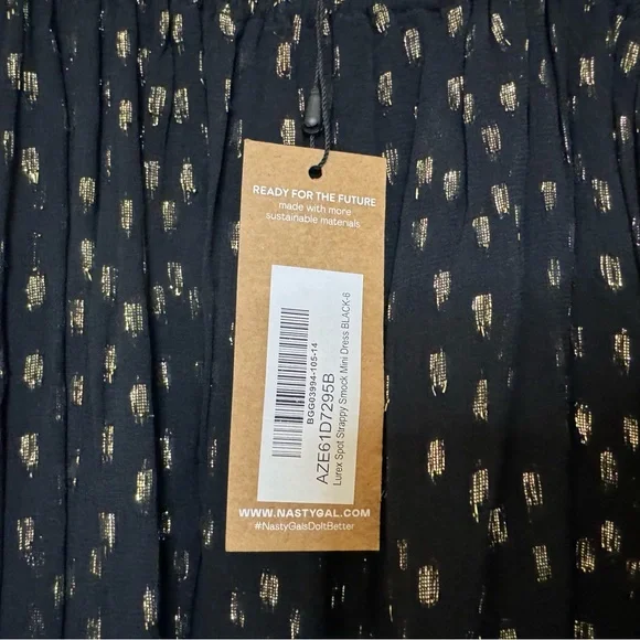 NWT | Nasty Gal | Black & Gold Spot Strappy Smock Mini Dress | Size XS - Picture 8 of 10